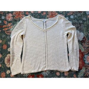 Sundance Women Cream Ivory Pointelle Knit V-Neck Sweater Long Sleeve Small SUM19